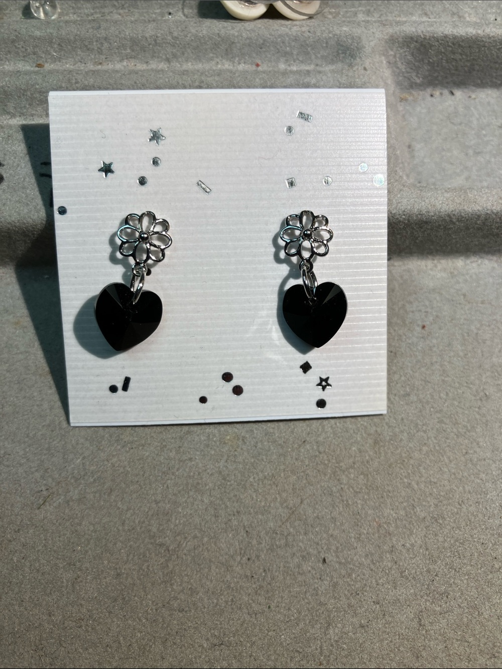 Silver Flower Stud Earrings with Black crystal Heart Dangles